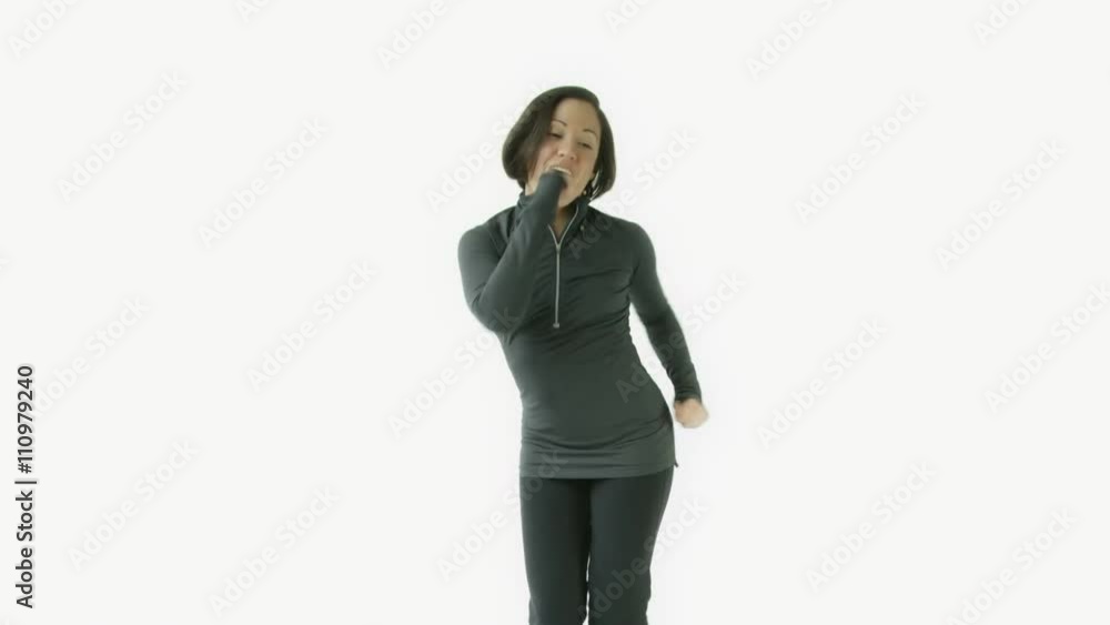 caucasian sporty girl isolated on white with happy dance caucasian sporty girl isolated on white with happy dance