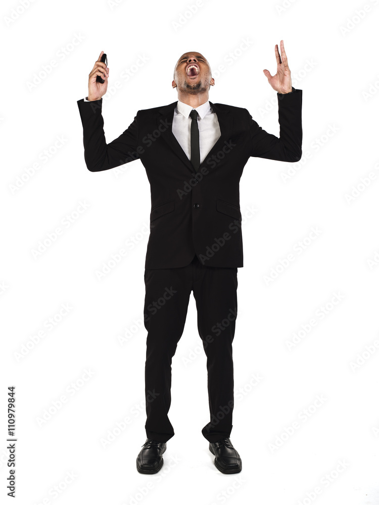 view of a shocked businessman with hands raised and mouth open. view of a shocked businessman with hands raised and mouth open.