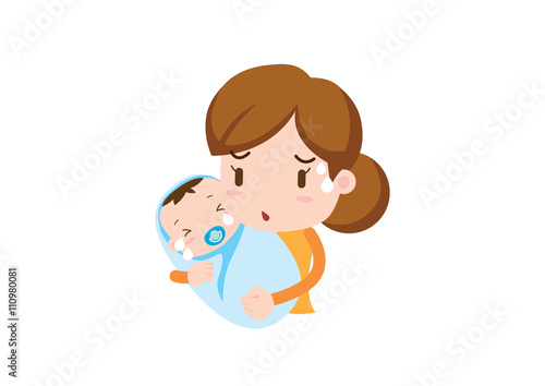 Family illustration _ mom and crying baby