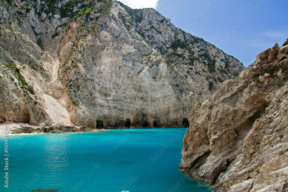 Bay with blue sea and cliffs on the Greek Ionian island Kefalonia