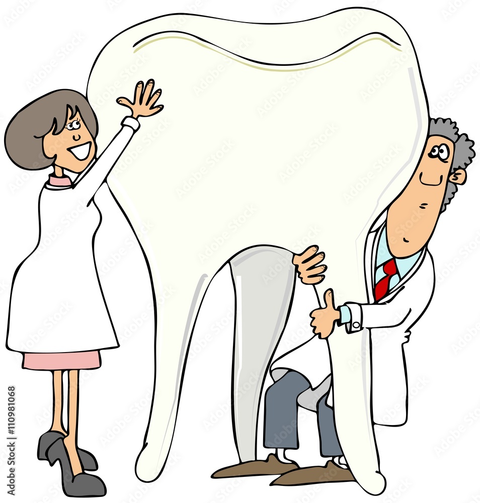 Fotografie Two dentists holding up a giant tooth