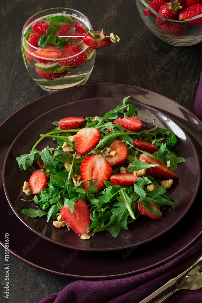custom made wallpaper toronto digitalFresh salad with strawberry, arugula and walnuts on purple plate. Low key