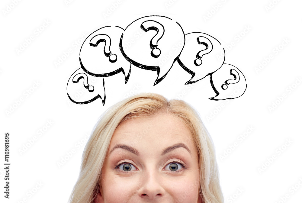 happy young woman head with question marks happy young woman head with question marks