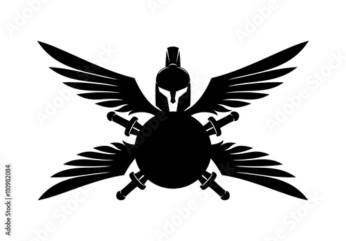 Spartan helmet, shield, sword and wings.