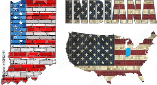 USA state of Indiana on a brick wall - Illustration,
The flag of the state of Indiana on brick textured background, 
Font with the United States flag, 
Indiana map on a brick wall