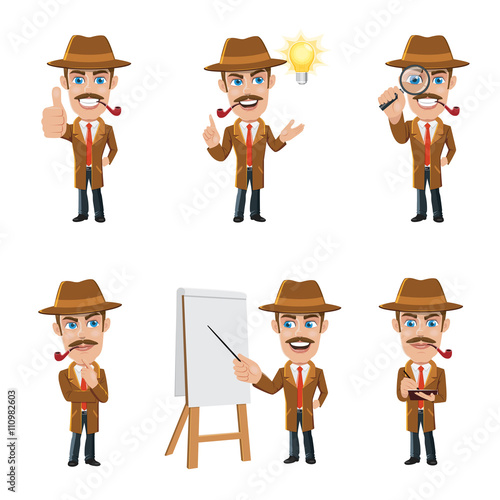 Set of Detective Character in 6 Different Poses
