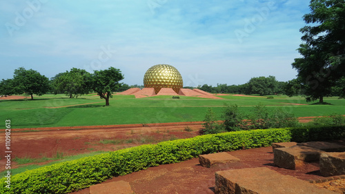 Auroville's main temple Matrimandir and the park, India