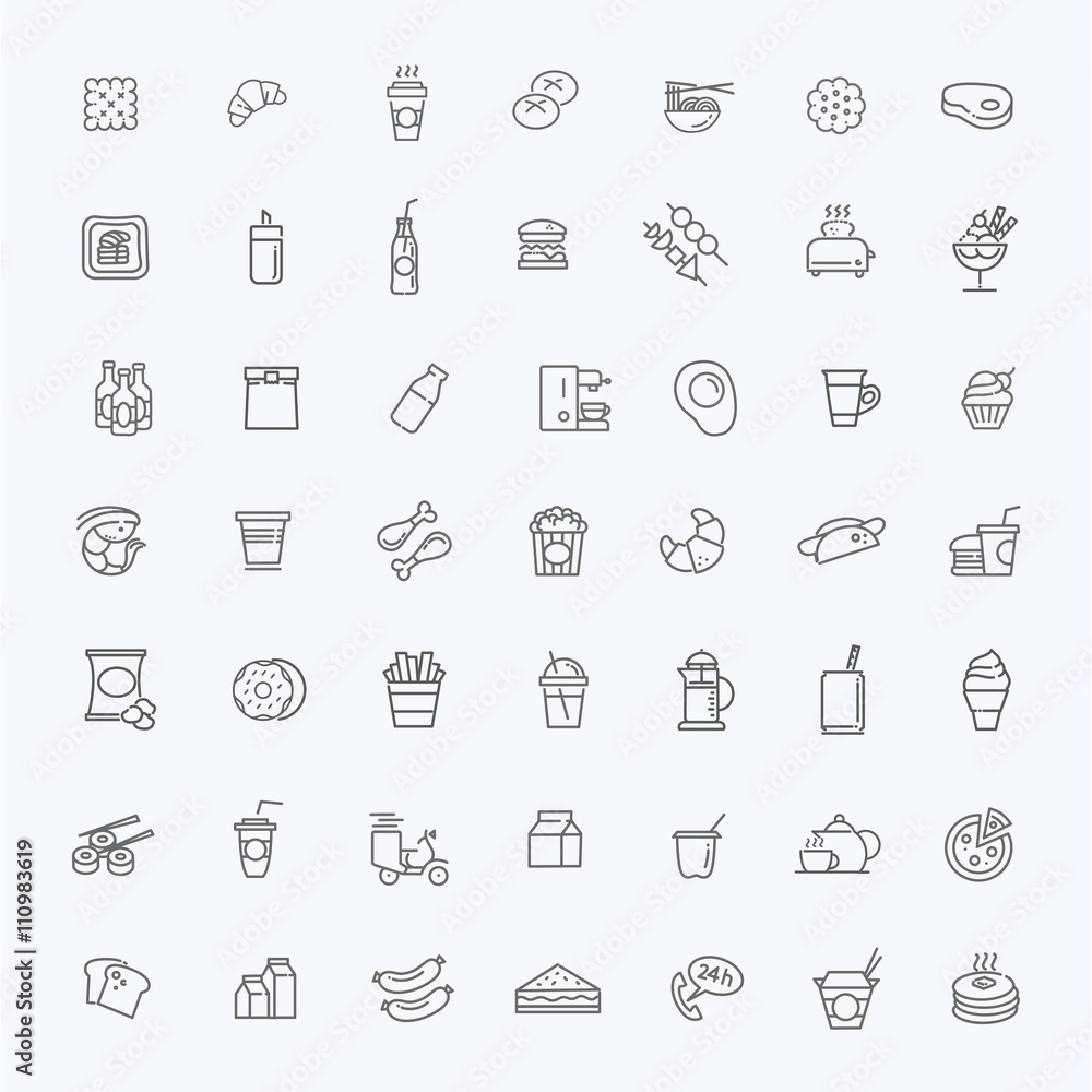 Fast food vector outline icons set. Cooking
