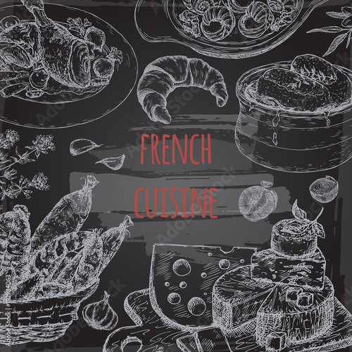 French cuisine template on blackboard with soup, chicken, cheese.