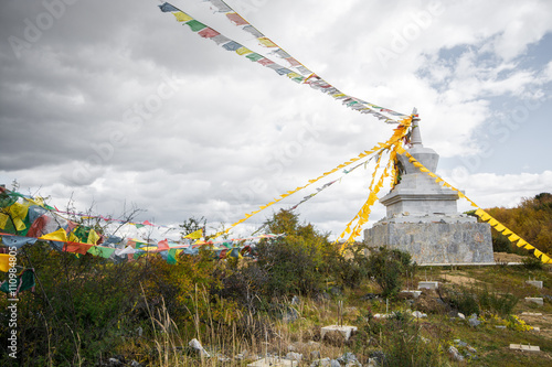 Tibetan stupa and Prayer Flags