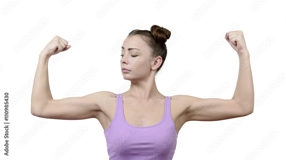Sport fitness woman flexing show her biceps muscles isolated on white background Sport fitness woman flexing show her biceps muscles isolated on white background
