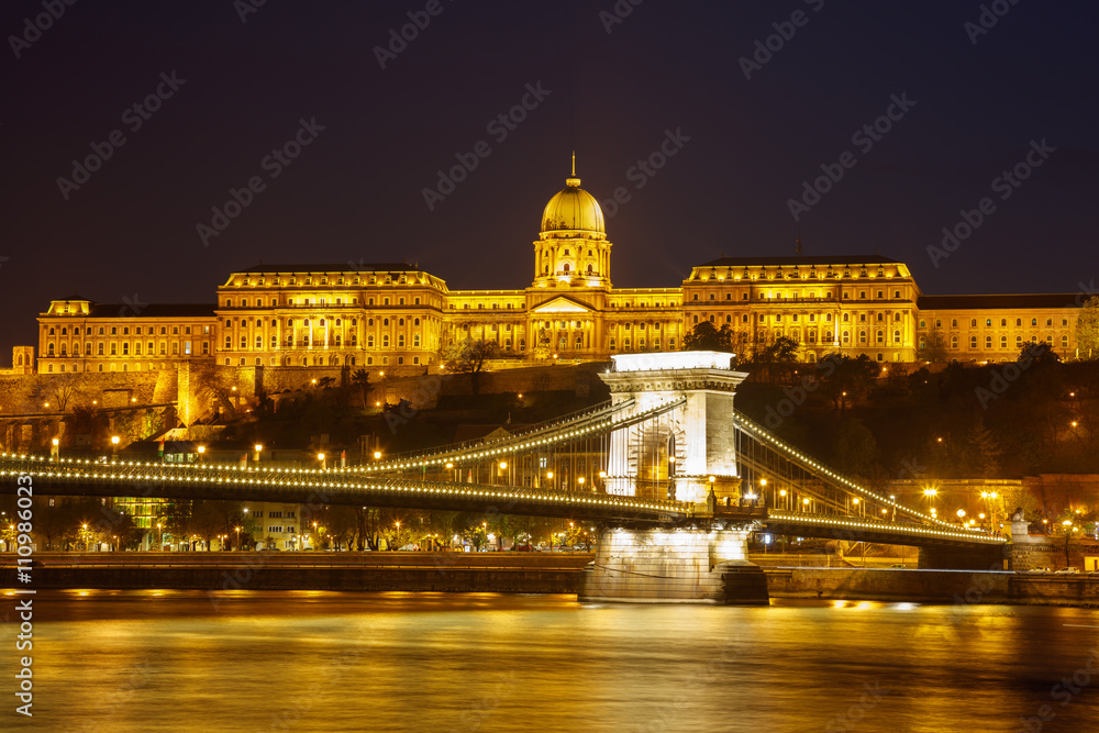 Cain Bridge illuminated at night, Budapest Hungary.