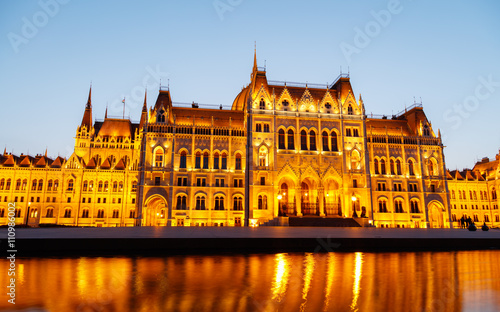 Illuminated Hungarian Parliament Building, Budapest Hungary.