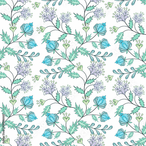 Floral seamless pattern in retro style  cute cartoon flowers white background