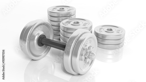 3D rendering of adjustable metallic dumbbell and weight plates stacks, isolated on white background.