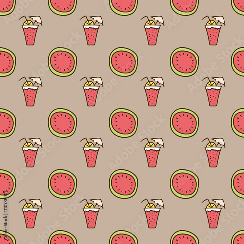 Seamless summer background. Hand drawn pattern. Suitable for fabric, greeting card, advertisement, wrapping. Bright and colorful watermelon and cocktail backdrop