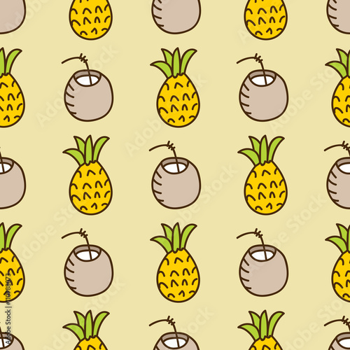 Seamless summer background. Hand drawn pattern. Suitable for fabric, greeting card, advertisement, wrapping. Bright and colorful pineapple and cocktail backdrop