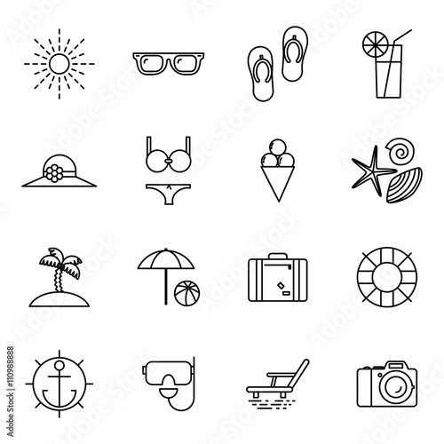 Summer vacation line art beach resort accessorize vector symbols icon flat design template illustration