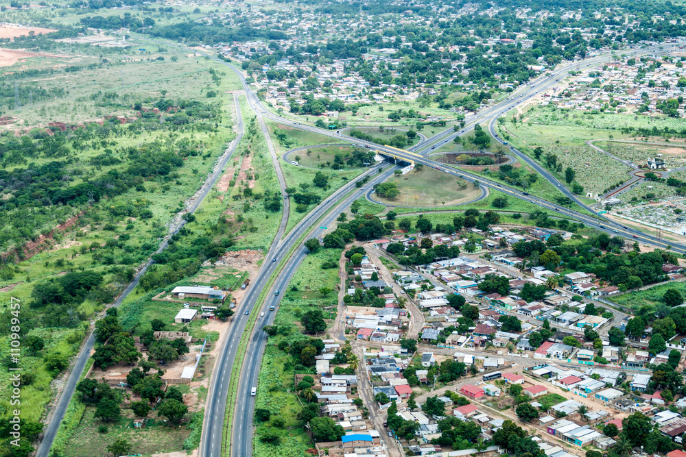 Aerial view of a highway bypass of Ciudad Bolivar, Venezuela