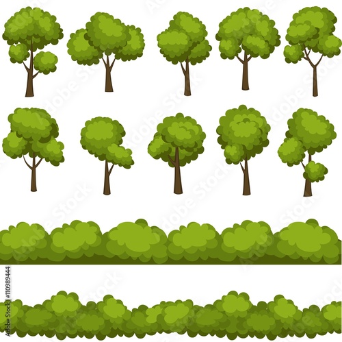 Set of funny cartoon trees and green bushes. Vector illustration.