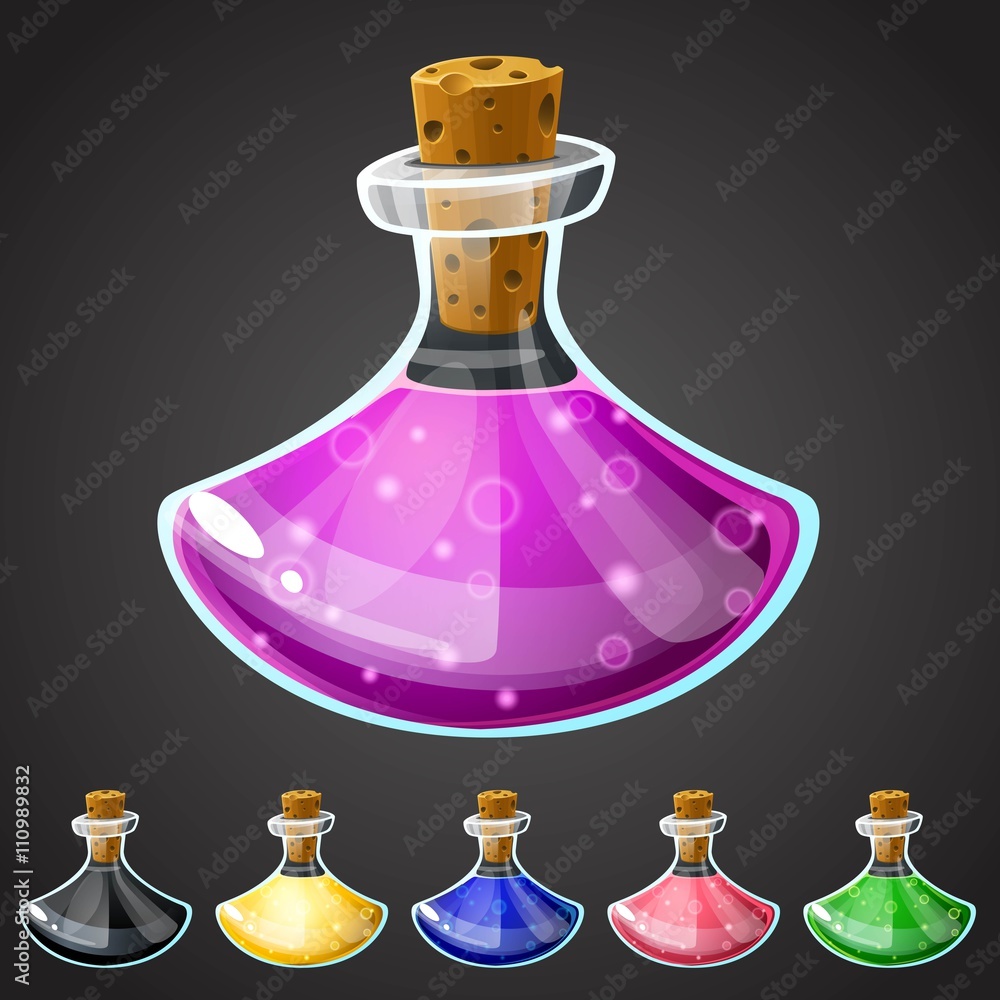 Set of vector cartoon potion bottle. Vial with colorful liquid for game icons. GUI asset. Set of vector cartoon potion bottle. Vial with colorful liquid for game icons. GUI asset.