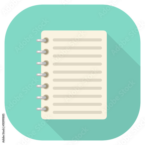 Vector illustration of notebook with long shadow. Flat style internet icon.
