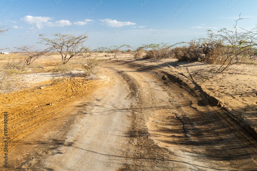 Road in La Guajira desert in Colombia.