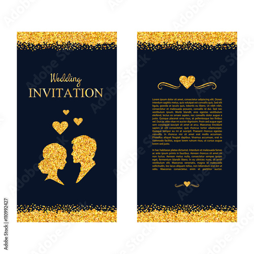 Wedding invitation. Wedding card with gold shimmer. Save the dat