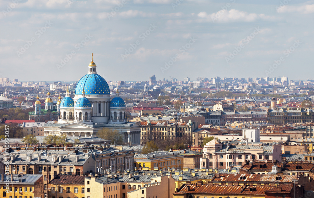 St. Petersburg. Top view of the historic city center and the domes of the Holy Trinity Izmailovskij and St. Nicholas Cathedrals