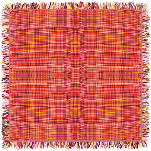 Colorful grunge striped and checkered weave tablecloth with frin