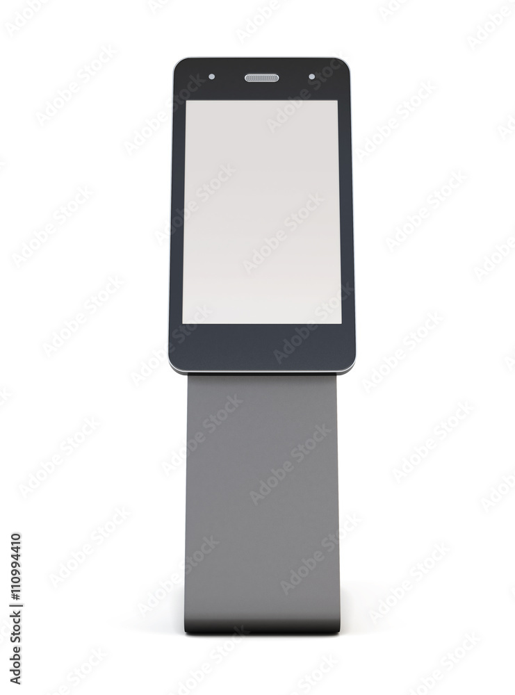 Advertising stand in the shape of telephone isolated on white background. Front view. For your disign. Information desk. Outdoor advertising stand. 3d rendering Advertising stand in the shape of telephone isolated on white background. Front view. For your disign. Information desk. Outdoor advertising stand. 3d rendering