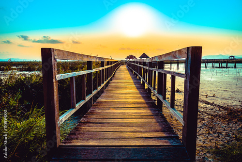 Wooden bridge in Khao Sam Roi Yod National Park at sunset  Prachaupkhirikhan  Thailand.