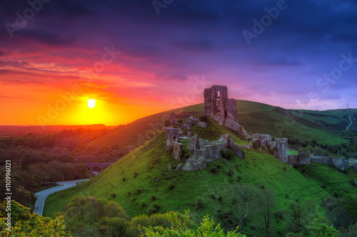 Ruins of the Corfe castle at beautiful sunrise in County Dorset, UK