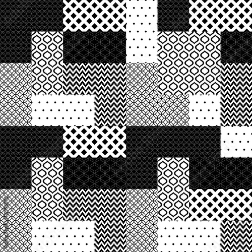 Black and white patchwork quilted geometric seamless pattern, vector