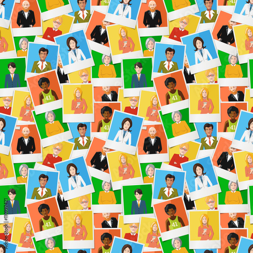Many different polaroid instant photos with flat portraits of people on colourful backgrounds, seamless pattern