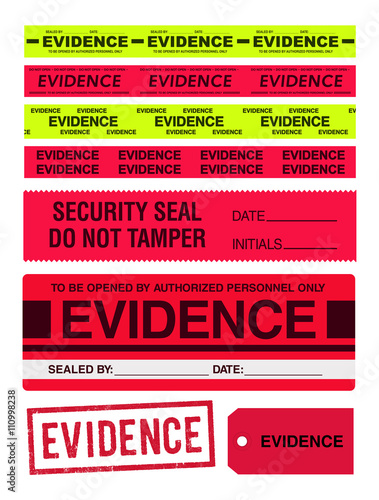 Evidence tapes, stamp, stickers and label