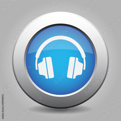 blue metal button with headphones