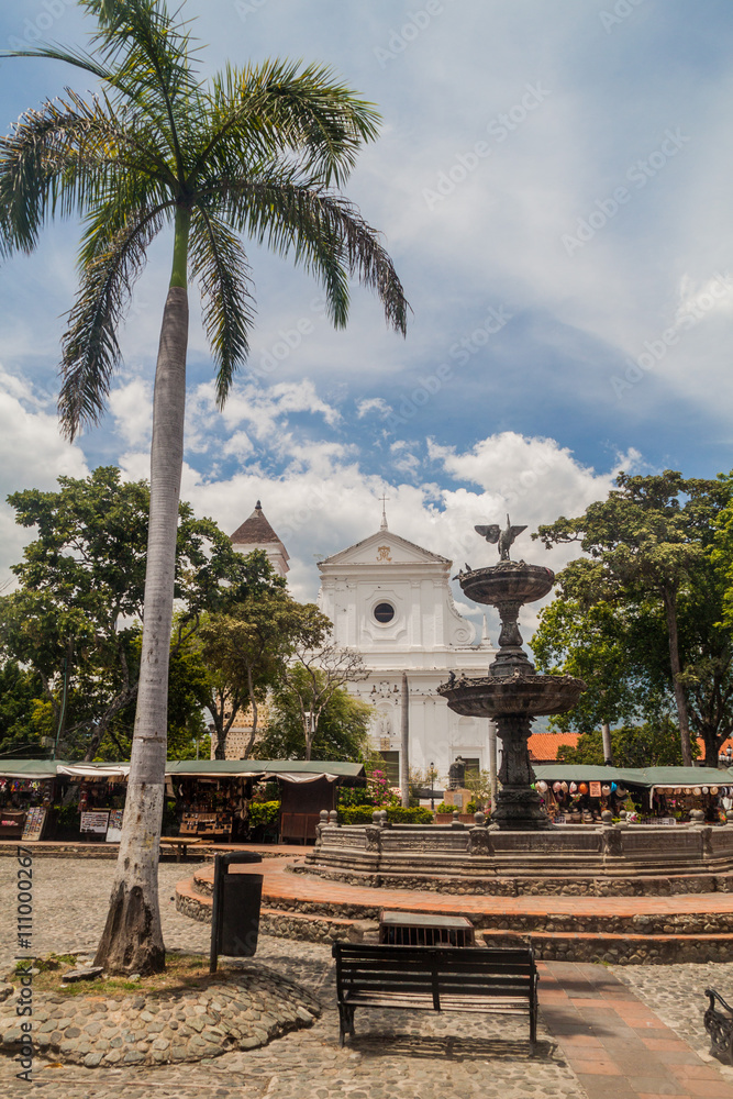 Catedral Basilica de la Inmaculada Concepcion cathedral on Plaza Mayor Simon Bolivar square in Santa Fe de Antioquia, Colombia.