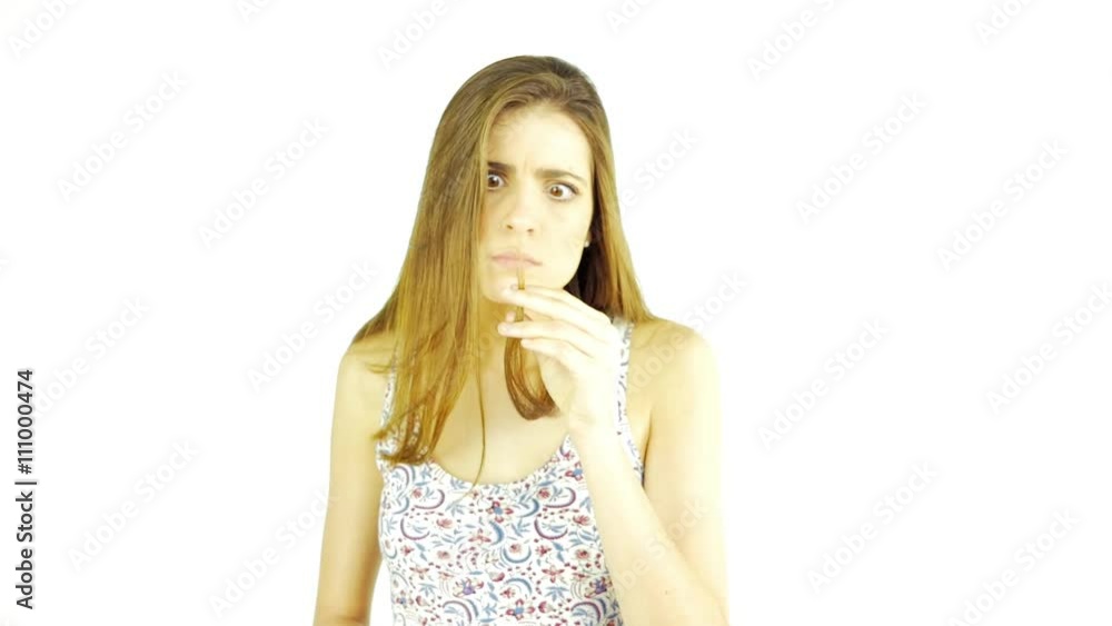 Cute blond woman cutting split ends hair slow motion isolated Cute blond woman cutting split ends hair slow motion isolated