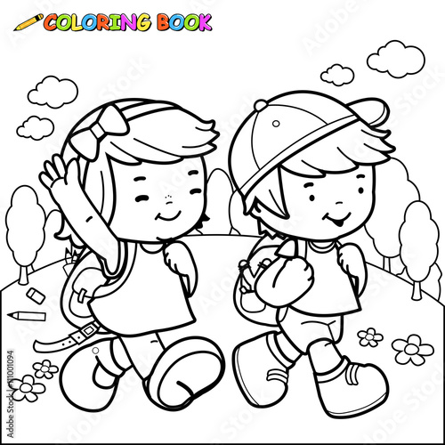 Little girl and a boy students walking to school. Vector black and white coloring page.