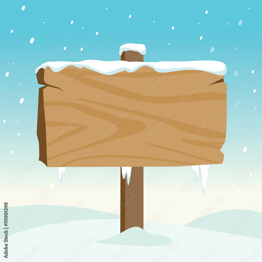 Fototapeta premium Blank wooden sign in the snow. Vector illustration background