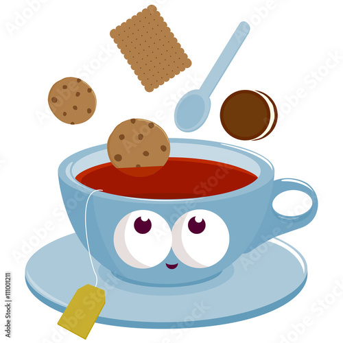 Cup of tea and cookies characters. Vector illustration