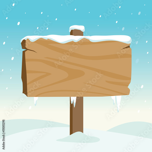 Blank wooden sign in the snow. Vector illustration background