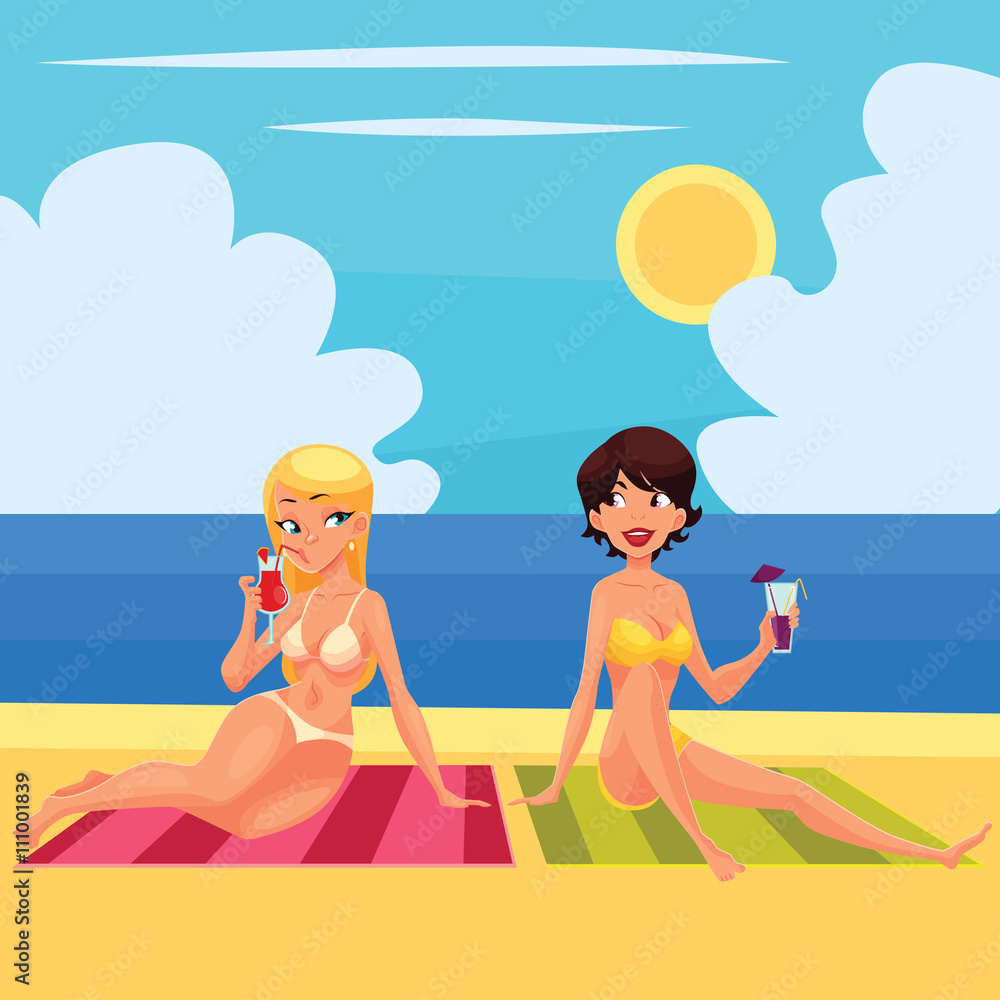 Two girlfriends at the beach with a cocktail, vector illustration cartoon catfish, two girls lying on a sunny beach with alcoholic cocktails, girls on vacation lying on the sea sand with cocktails