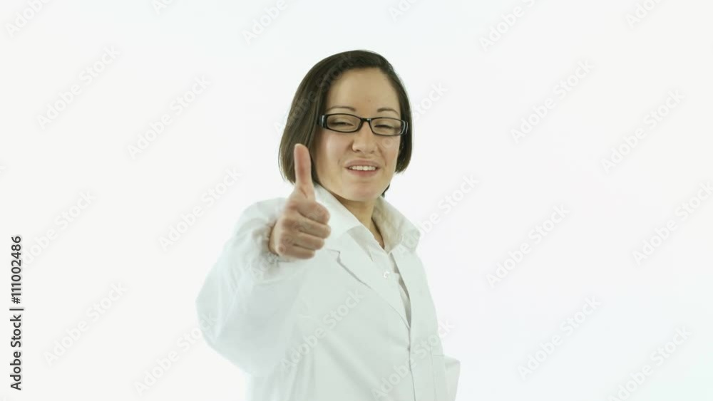 woman scientist with lab coat isolated on white expressing positivity thumbs up woman scientist with lab coat isolated on white expressing positivity thumbs up