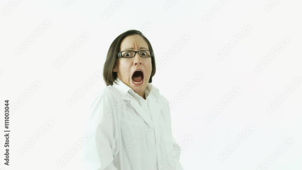 woman scientist with lab coat isolated on white scared frighten screaming woman scientist with lab coat isolated on white scared frighten screaming