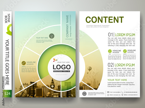 Brochure design template vector. Annual report flyers poster business magazine. Leaflet cover book presentation with flat city and green abstract circle background.Layout in A4 size.illustration.