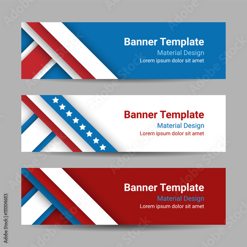 Set of modern vector horizontal banners, page headers with stripes and stars in the colors of the American flag. Material design banners for Presidents day, USA Independence day