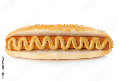 Hot dog with mustard close-up isolated on a white background.