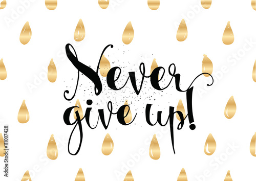 Never give up inscription. Greeting card with calligraphy. Hand drawn design. Black and white.